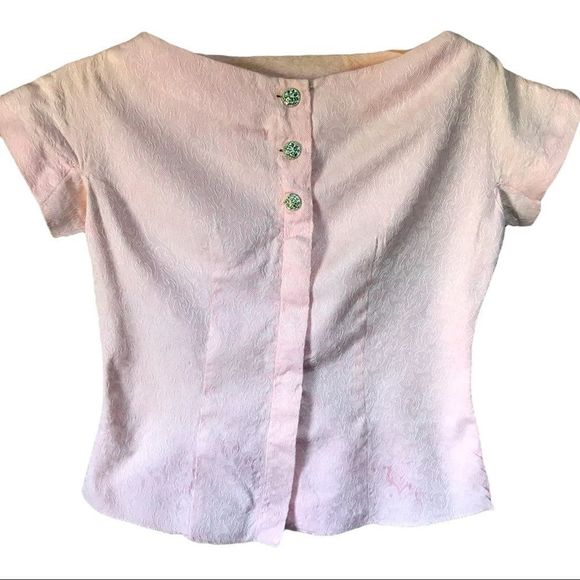 Vintage Tops - Vtg 50s handcrafted fitted pink textured top with rhinestone buttons size XXS